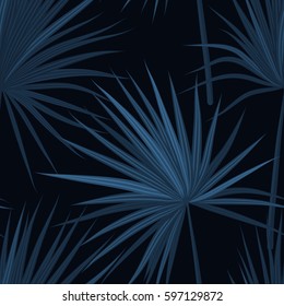 Dark vector tropical background with jungle plants. Seamless tropical pattern with sabal palm leaves. Denim indigo colors.
