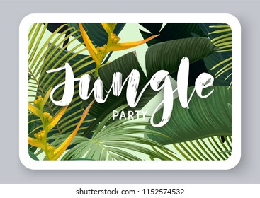 Dark vector tropical design for party flyer with green banana and sabal palm leaves and lettering.