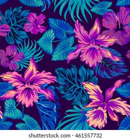 Dark Vector Tropical Pattern. Seamless Botanical Design.