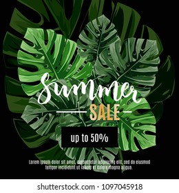 Dark vector tropical summer background. Sale banner, poster with jungle palm leaves.
