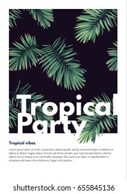 Dark vector tropical summer party flyer design with green jungle palm leaves.