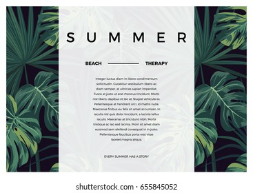 Dark vector tropical typography design with green jungle palm leaves. Space for text.