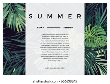 Dark vector tropical typography design with green jungle palm leaves. Space for text.