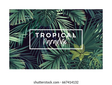 Dark Vector Tropical Typography Design With Green Jungle Palm Leaves.