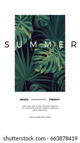 Dark vector tropical typography postcard design with green jungle palm leaves. Space for text.