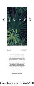 Dark vector tropical typography postcard design with green jungle palm leaves. Space for text.