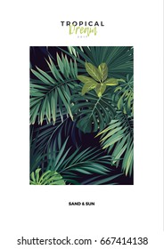 Dark vector tropical typography postcard design with green jungle palm leaves. Space for text.