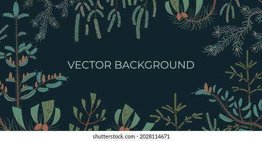Dark vector woodland background with coniferous trees. Good template for tourist, eco, spa advertisment.