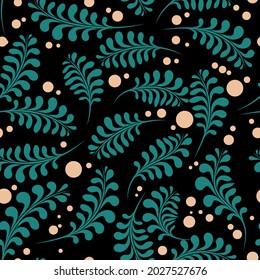 dark vegetable seamless pattern. green leaves and beige circles of different sizes are randomly arranged on a black background. vector
