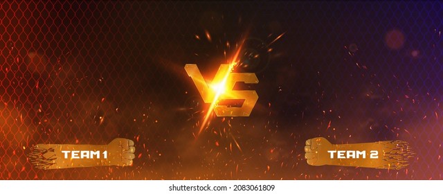 Dark Versus Battle Banner in concept fighting. MMA, fight night, boxing, Thai boxing, bare fist fighting. Versus poster with metal pink letters VS, name plates for fighters or teams, rabitz. Vector