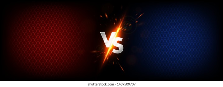Dark Versus Battle  MMA concept    Fight night  MMA  boxing  wrestling  Thai boxing  VS collision metal letters and sparks   glow red  blue background   octagon grid  Versus battle  Vector