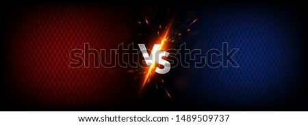 Dark Versus Battle. MMA concept - Fight night, MMA, boxing, wrestling, Thai boxing. VS collision of metal letters with sparks and glow on a red-blue background and octagon grid. Versus battle. Vector