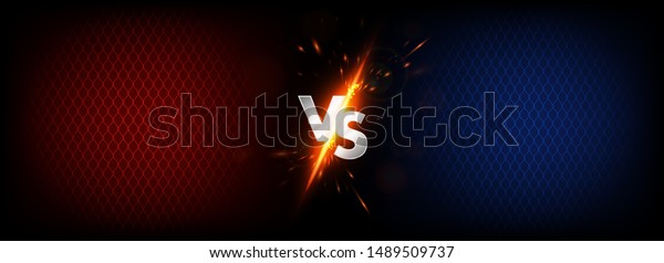 Dark Versus Battle. MMA concept - Fight night,\
MMA, boxing, wrestling, Thai boxing. VS collision of metal letters\
with sparks and glow on a red-blue background and octagon grid.\
Versus battle. Vector