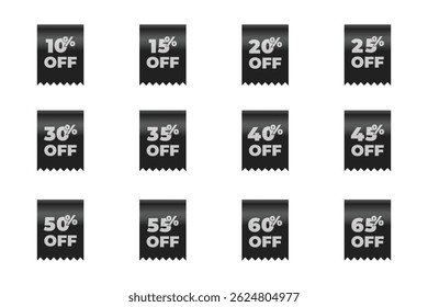 Tags de desconto vertical escuro com várias ofertas de porcentagem. Use para comércio eletrônico, anúncios sociais e promoções.