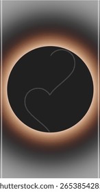 
Uma imagem vertical escura apresenta um grande círculo preto em seu centro, brilhando com um halo laranja suave. Dentro do círculo, duas linhas suaves e entrelaçadas sutilmente sugerem uma forma de coração.