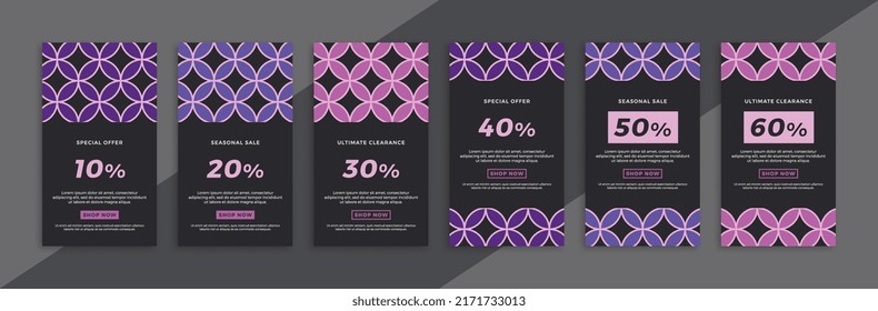Dark vertical promotional web banners with geometric pattern. Set of modern sale and discount promo backgrounds for social media mobile app stories. Simple vector editable background EPS 10