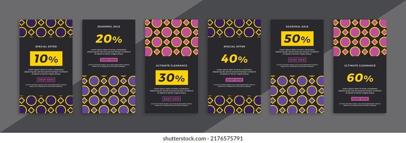 Dark vertical promotional web banners with geometric pattern. Set of modern sale and discount promo backgrounds for social media mobile app stories. Simple vector editable background EPS 10