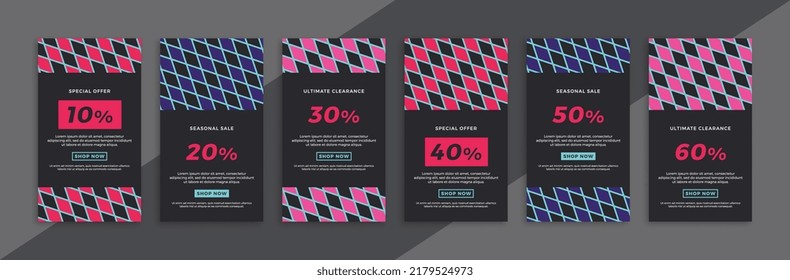 Dark vertical promotional web banners with geometric pattern. Set of modern sale and discount promo backgrounds for social media mobile app stories. Simple vector editable background EPS 10