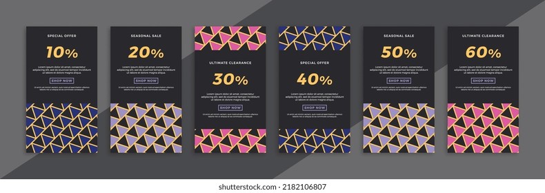 Dark vertical promotional web banners with geometric pattern. Set of modern sale and discount promo backgrounds for social media mobile app stories. Simple vector editable background EPS 10