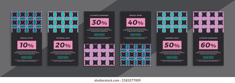 Dark vertical promotional web banners with geometric pattern. Set of modern sale and discount promo backgrounds for social media mobile app stories. Simple vector editable background EPS 10