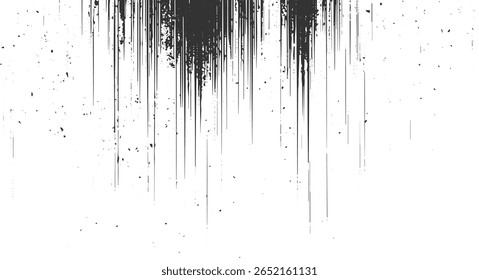 Listras verticais escuras e manchas escuras dispersas em um fundo branco.