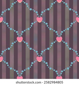 Dark vertical striped seamless pattern of pink hearts and pearl beads in diagonal layout