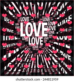dark vibrant colors background with different size ' love ' words become Love hearts icon together. graphic design, valentines day celebration red color, presentation polka dots vector print pattern