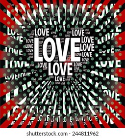dark vibrant colors background with different size ' love ' words become Love hearts icon together. graphic design, valentines day celebration red color, presentation polka dots vector print pattern