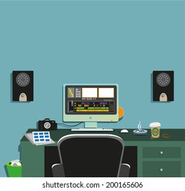 Dark Video Editing Room Concept 2. Flat Vector Eps10