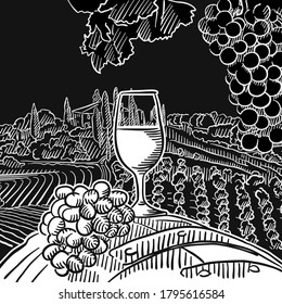 Dark vineyard scene. Black and white hand drawn illustration. Icon sign for print and labelling.