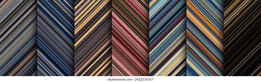 Dark vintage detailed striped geometric patterns composed of big amount of thin multicolored stripes. Vector textured illustration