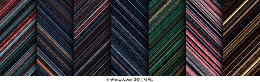 Dark vintage detailed striped geometric patterns composed of big amount of thin multicolored stripes. Vector textured illustration