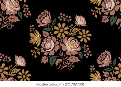 Dark Vintage Floral Seamless Pattern with Hand-Drawn Botanical Bouquet. folk-inspired aesthetic. Ideal for textiles, fashion fabrics, wallpaper, wrapping paper, stationery, surface design, packaging, home décor, and interior styling.