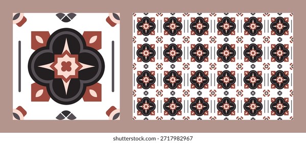 Patrón de azulejo geométrico vintage oscuro con adorno negro y rojo para fondo de estilo gótico