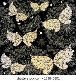 Dark vintage lacy seamless pattern with white-gold mandala and butterflies (vector EPS 10)