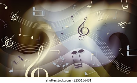 Dark vintage music wallpaper. Wavy staves, notes, treble clefs are randomly located against the background of overlapping smooth abstract forms and mixing colors. Vector.