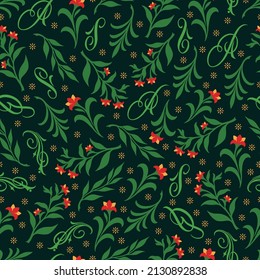 Dark vintage seamless background with growing flowers, green twigs and small decorative elements, vector illustration