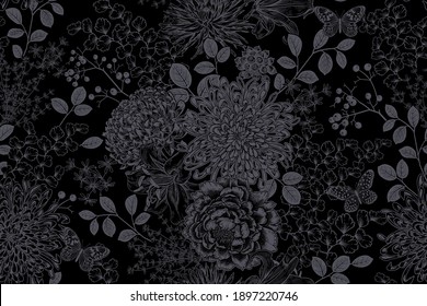 Dark Vintage seamless pattern  Garden flowers chrysanthemums  peonies  lily  branches and berries  leaves    butterflies  Grey graphic arts black background  Floral Vector illustration 