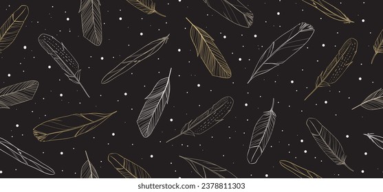 Dark vintage seamless pattern with hand drawn feathers. Vector illustration.