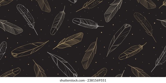 Dunkles Vintage nahtloses Muster mit handgezeichneten Federn. Vektorgrafik.