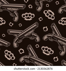 Dark vintage seamless pattern with metal brass knuckles, rifles with wooden handles and bullet holes, vector illustration