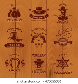 Dark vintage sheriff label set with cowboys and sheriff descriptions on wooden background vector illustration