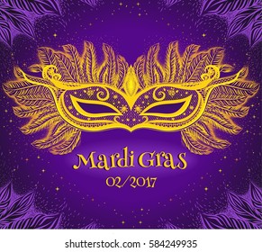 Dark violet Background with gold carnival mask with feathers for design invitation card. New orleans Mardi Gras. Vector illustration. Brazilian carnival.