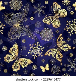 Dark violet christmas seamless gradient  pattern with golden vintage snowflakes and butterflies, vector 