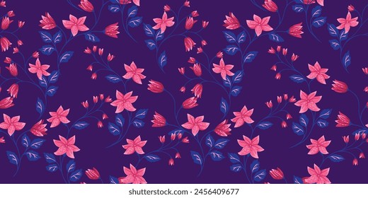 Dark violet creative seamless pattern with wild blooming meadow. Abstract artistic floral stems intertwined in a patterned printing. Vector hand drawn tiny flowers bells, small leaves, buds. 