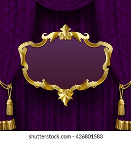 Dark violet curtain with suspended gold decorative baroque frame. Square presentation artistic poster and placard. Vector Illustration