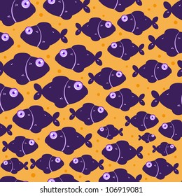 Dark Violet Fish on Orange Seamless Pattern. Vector Illustration of Sea Life