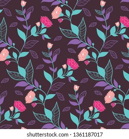 Dark Violet floral seamless pattern with leaves and pink flowers for wrapping paper, surface and wallpaper.