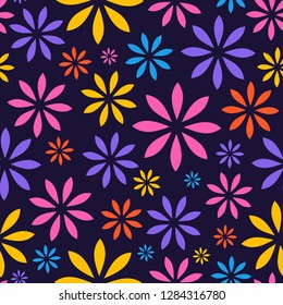 Dark violet floral seamless vector pattern with colorful flowers