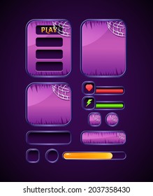 dark violet game ui halloween kit set template with bar, button, and board pop up interface